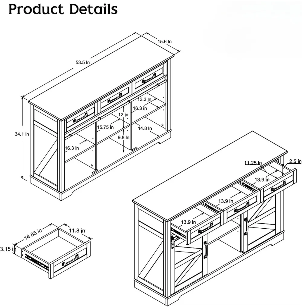 Armario de Buffet de granja, aparador de 53 "con 3 cajones, armario de almacenamiento rústico con puerta corrediza de Granero, armario de barra de café