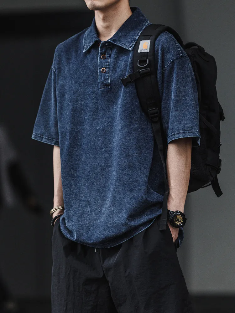 Retro American Washed Denim Short Sleeve  Shirt Men Summer Thin Loose Casual Shirt Top Wear Resistant Flip Collar Button
