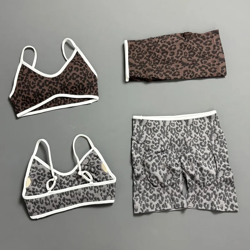 Fitness Shorts Set 2Pcs HISTELLO Women Leopard Print Contrast Strap Sports Bra High Waist Scrunch Butt Seamless Gym Biker Suit
