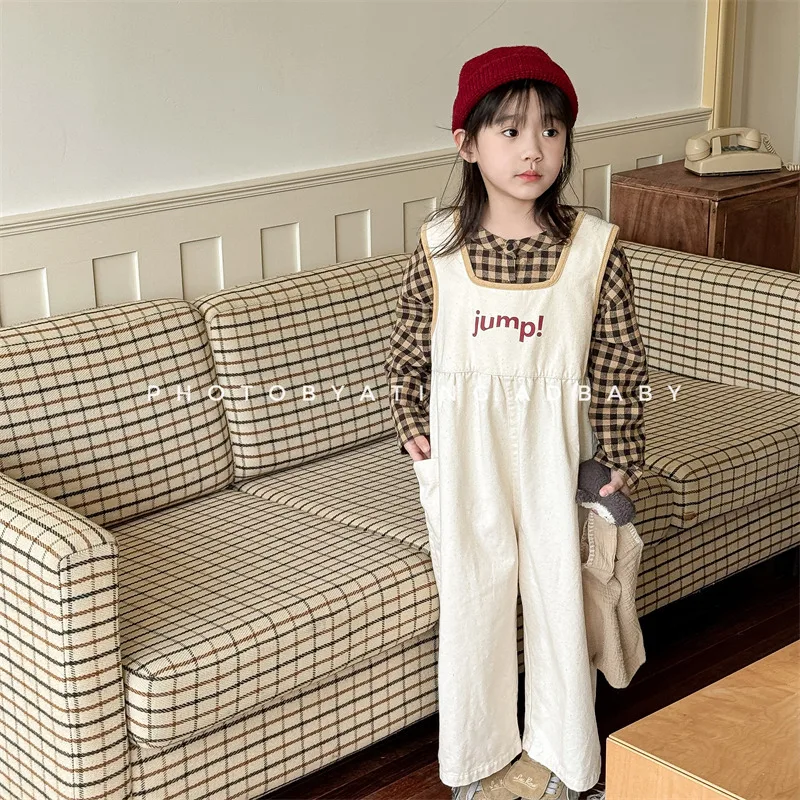 2024 Autumn New Children Overalls Cotton Boys Girls Letter Print Strap Trousers Toddler Baby Loose Casual Pants Kids Clothes