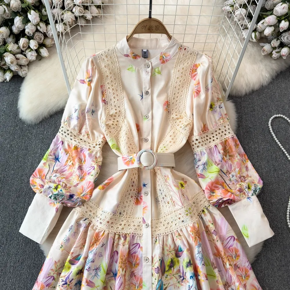 New Spring Summer Women Singel Breasted Mini Dress Lantern Long Sleeves Boho Sashes Vintage Fashion Lady Floral Print Lace Robe