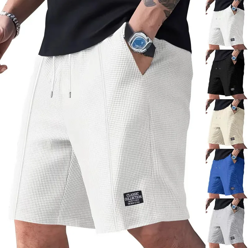 Men's Solid Color Summer Waffle Shorts for Casual, Loose, Breathable, Thin, Basketball Sports, Cropped Shorts, Beach Pants ﻿