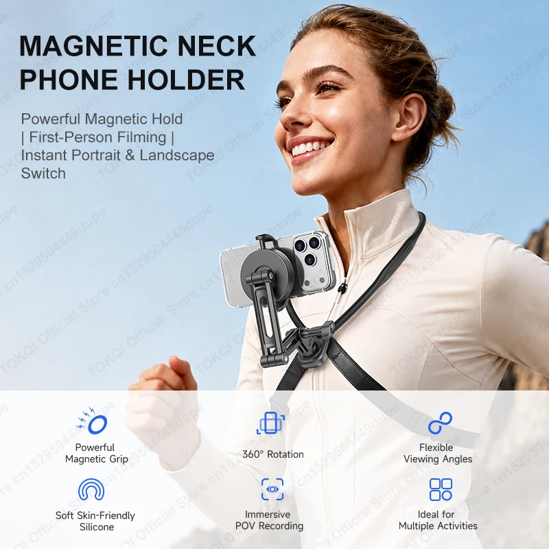 TOKQI Magnetic Neck Mobile Phone Mount First-Person Perspective Release Holder with Clip for Magnetic Cellphone Steady Shooting