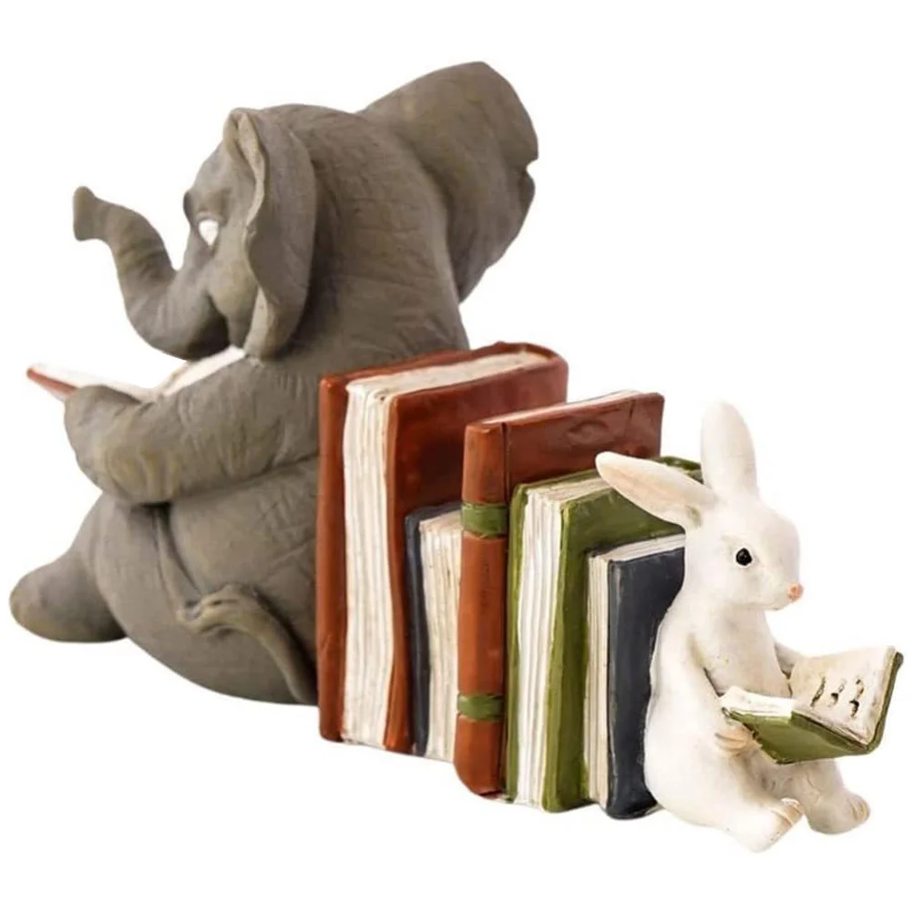 Statue de livre de lecture d'éléphant de lapin en résine réaliste, décoration de maison, jardin, Patio, bureau, Sculpture animale artistique