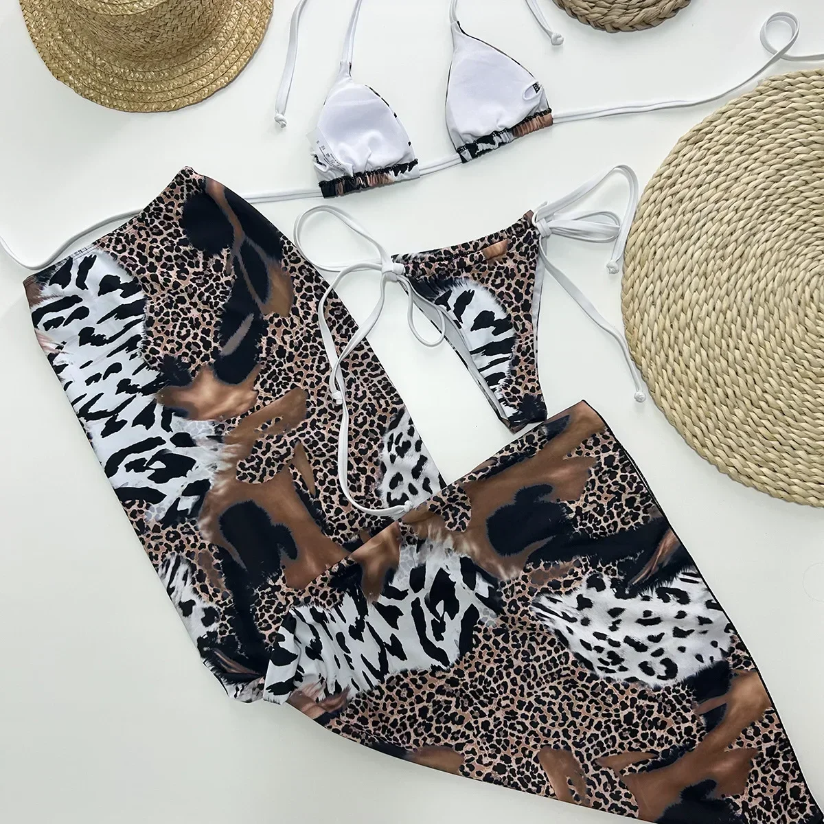 3 Pieces  Set Push Up    Leopard Women Summer Bikini Set Swimsuit Female Swimwear Print Bathing Suit Beachwear Cover Ups