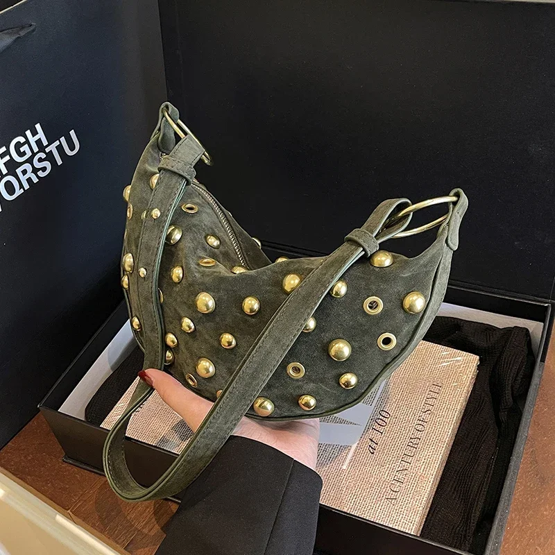 

Женская сумка через плечо с металлическими заклепками Y2k, модная сумка-хобо, маленькая сумка через плечо с заклепками, женская дизайнерская сумка подмышками