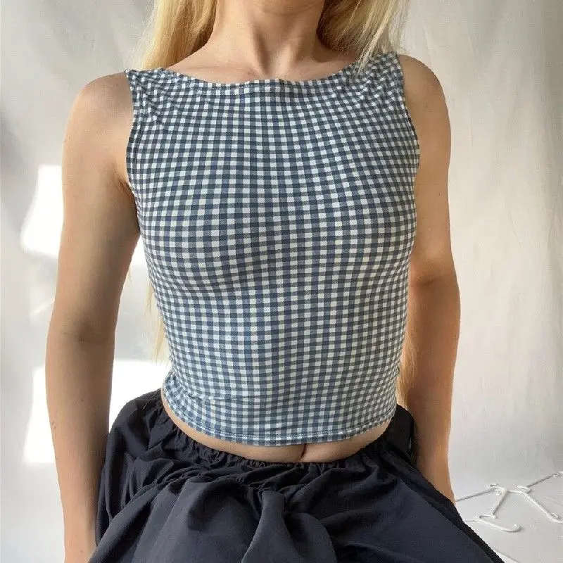 

Summer New Bow Halter Spice Girl Cropped Crop Blue Plaid Wide Halter Strap Sleeveless Cropped Top Women Clothes