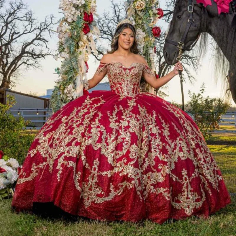 Customized Red Shiny Quinceanera Dresses Ball Gown Off Shoulder Appliques Lace Beads Tull Sweet 16 Dress Vestidos 15 De Anos