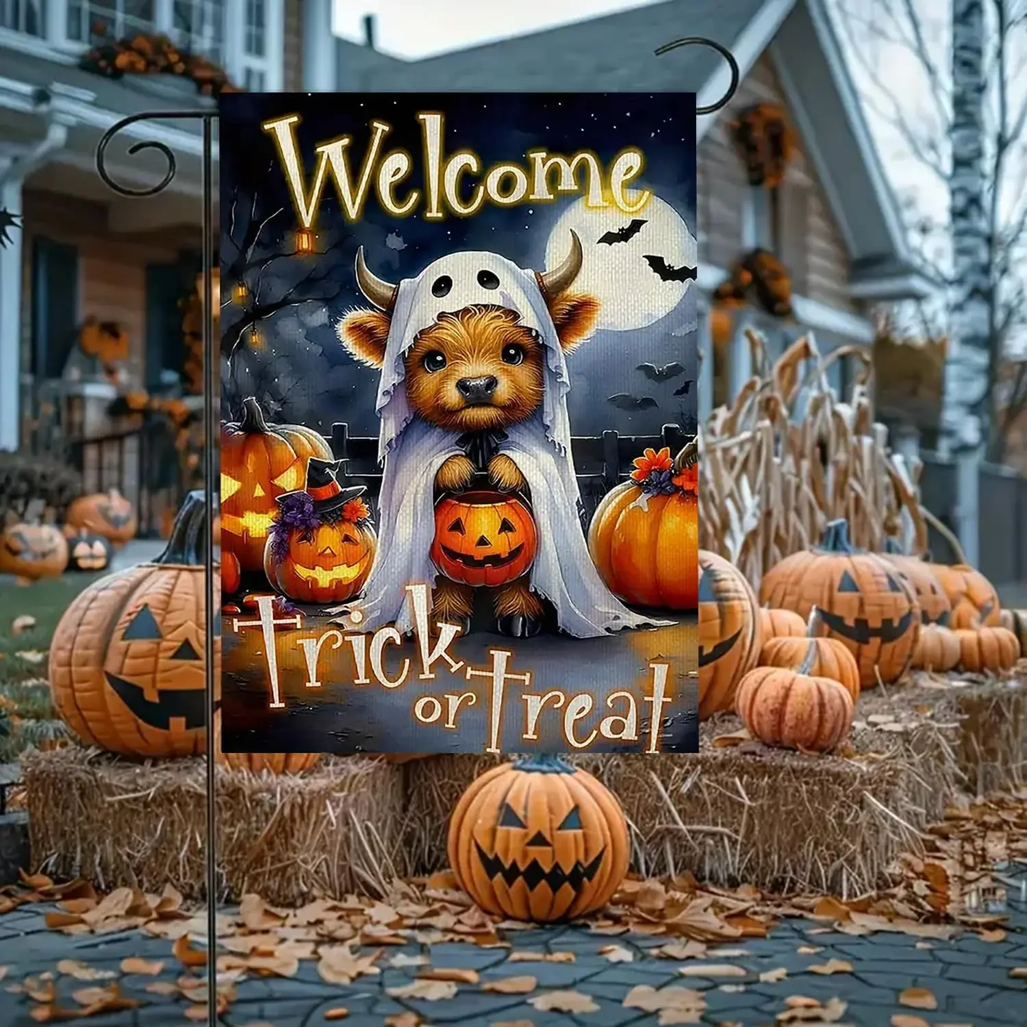 Halloween Garden Flag for Outside 12x18 Inch Double Sided, Cow Pumpkin Small Yard Flags for Outside, Outdoor Welcome Flag Fr yyi