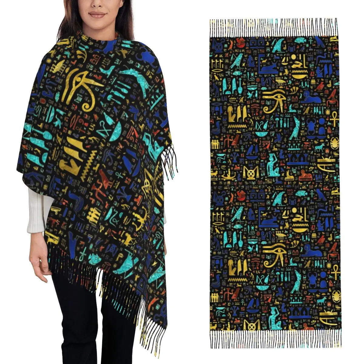 

Colorful Ancient Egyptian Hieroglyphic Pattern Scarf Tassel Scarves for Women Warm Shawls and Wraps Large Fall Winter Shawl Wrap