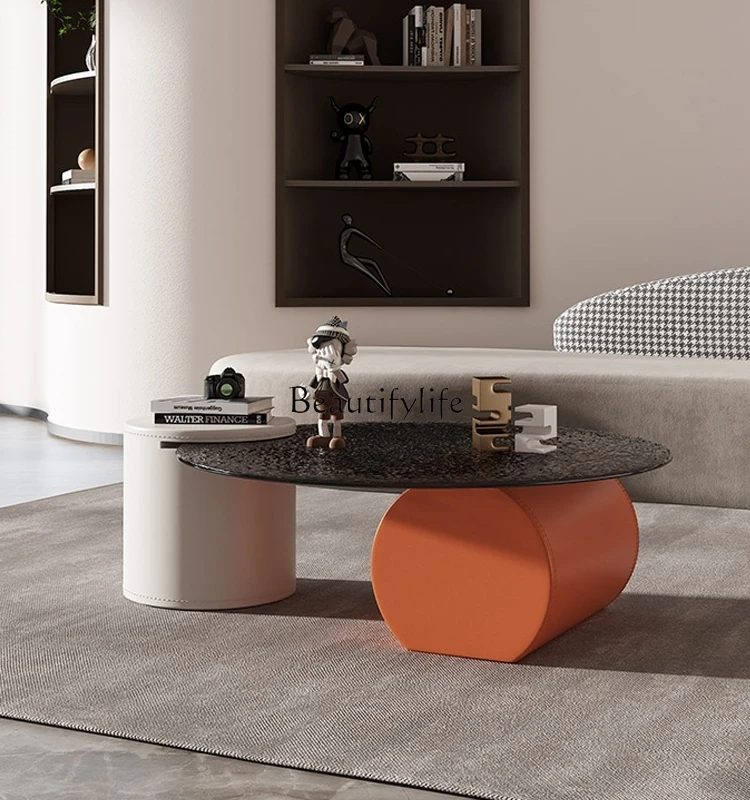 

Italian-Style Light Luxury Glass Tea Table Combination Living Room Small Apartment Modern Simple Saddle Leather Side Table