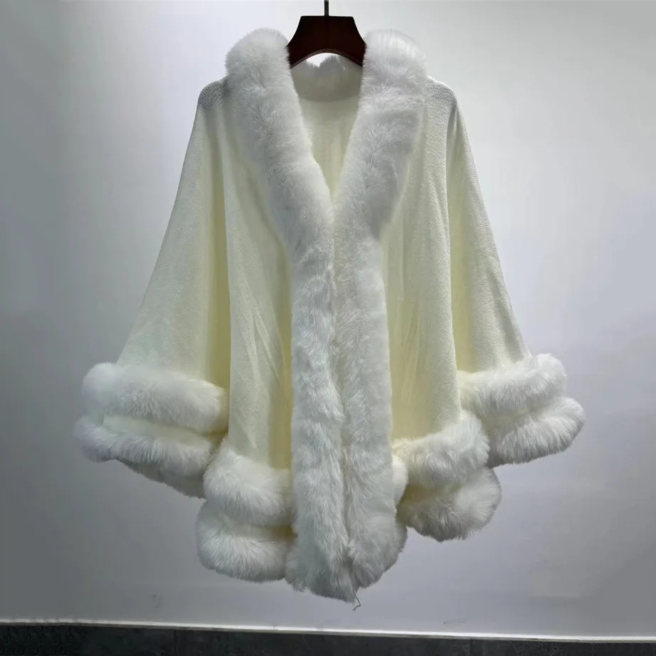 5 Colors 2024 Women 2 Circle Faux Rabbit Fur Cape Poncho Winter Loose Warm Shawl Outerwear Cashmere Cloak Overcoat