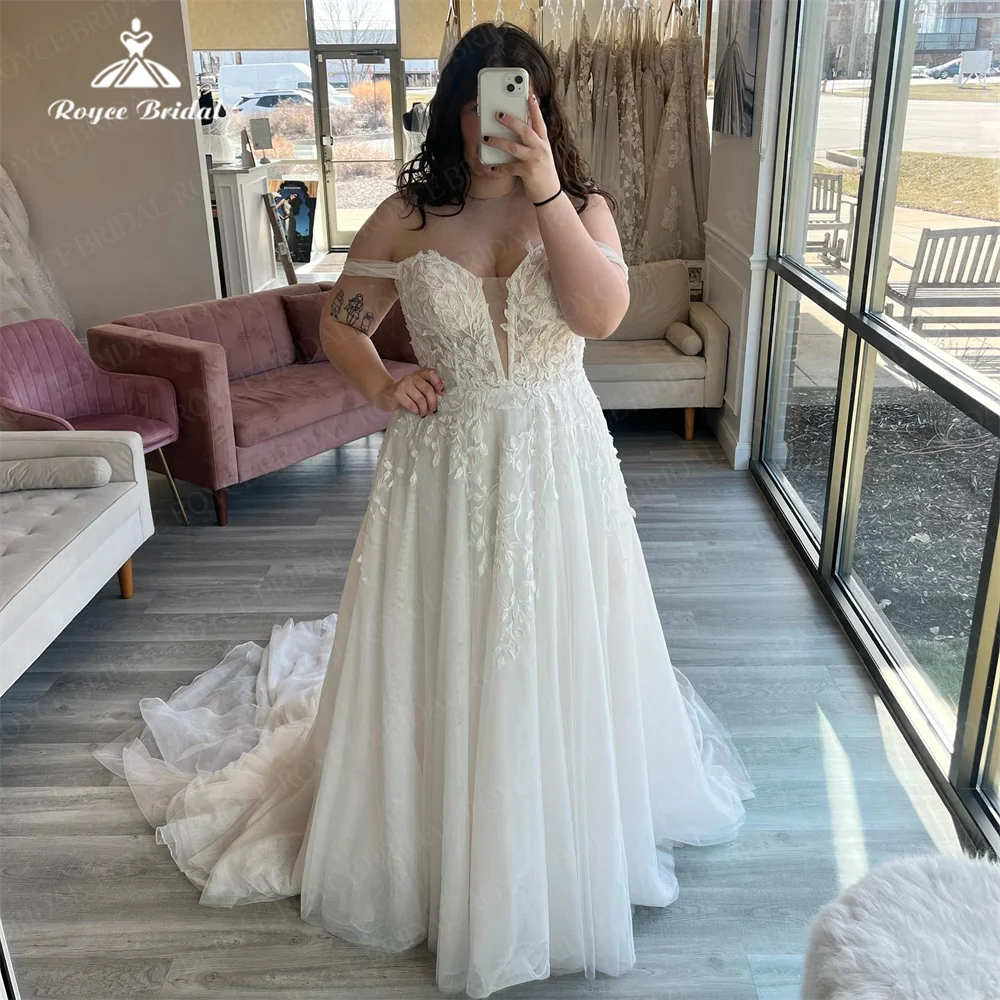 Roycebridal-Vestidos de noiva com aplique para mulheres, fora do ombro, tule sem mangas, vestido de noiva de linha, decote V, novo