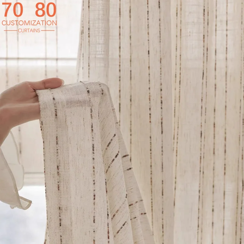 French Cream Stripe Woven Linen Jacquard Thickened Window Curtains for Living Room Bedroom Balcony French Window Customized