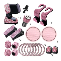 20Pcs/Set Rhinestone Car Phone Holder Universal Auto Interior Hooks Sticker Pad Set Pink Bling Car Accessories for Women