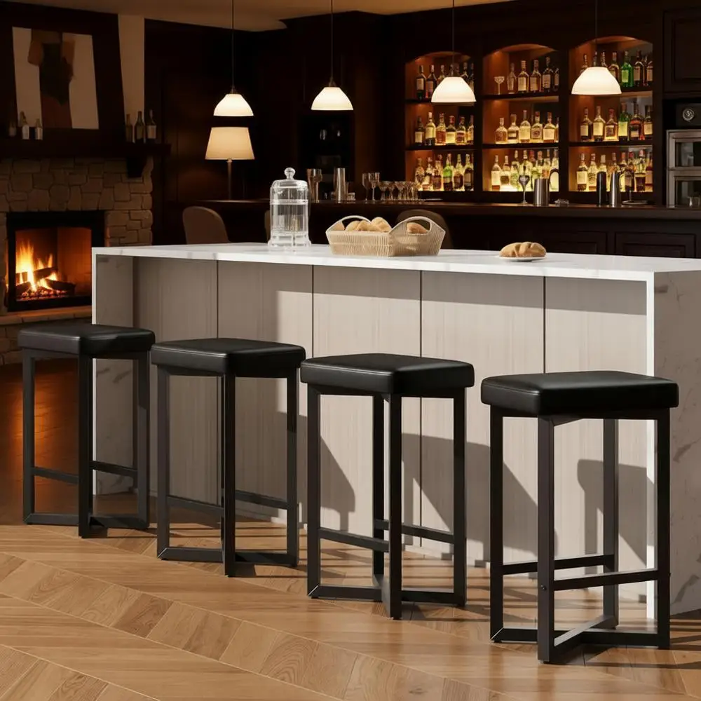 

Set of 4, 24.6 Counter Height Backless Bar Stools, Upholstered PU Leather Seats, Metal X-Base, Suitable for Kitchen or Home Bar,