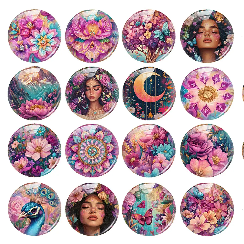 Random Mixed Round/Oval/Square Pink Flower Moon Girl Purple Photo Glass Cabochon Flatback Demo Cameo For Diy Jewelry Making