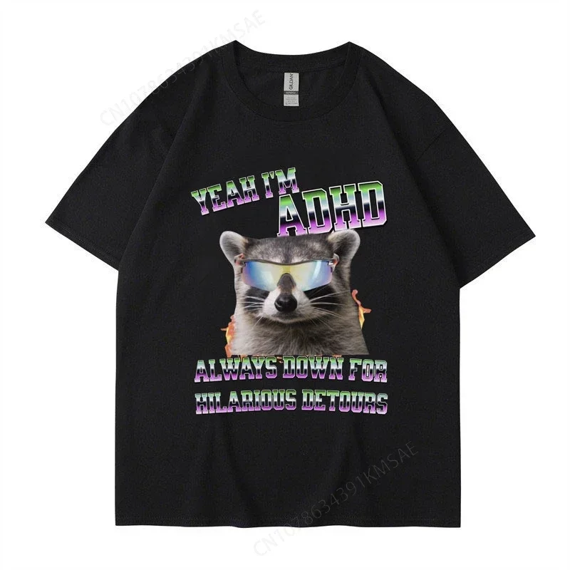 T-Shirt à Manches Courtes en Coton pour Homme et Femme, Streetwear Décontracté, Cool, Rétro, Raton Laveur, Opossum, Yeah I'm Adh