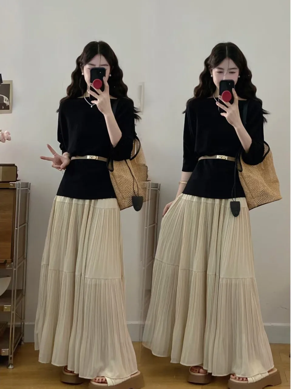 

plus Size Elegant Two-Piece Set with Belt Gentle Shoulder Design Slimming A-Line Skirt for plus Size Women Spring Summer