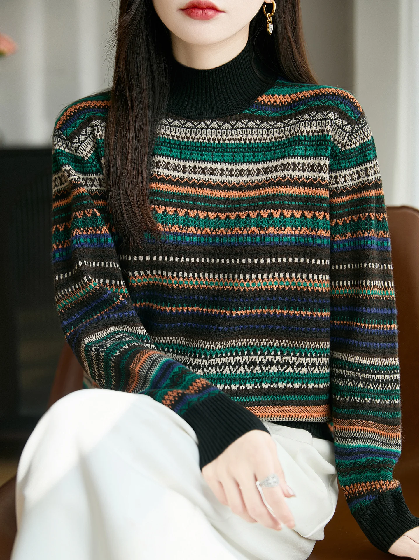 

Свободный вязаный свитер женский с высоким воротником, древний цветочный узор, длинный све, осенне-зимний топ, теплый топ для поездок на работу, Sle Faion