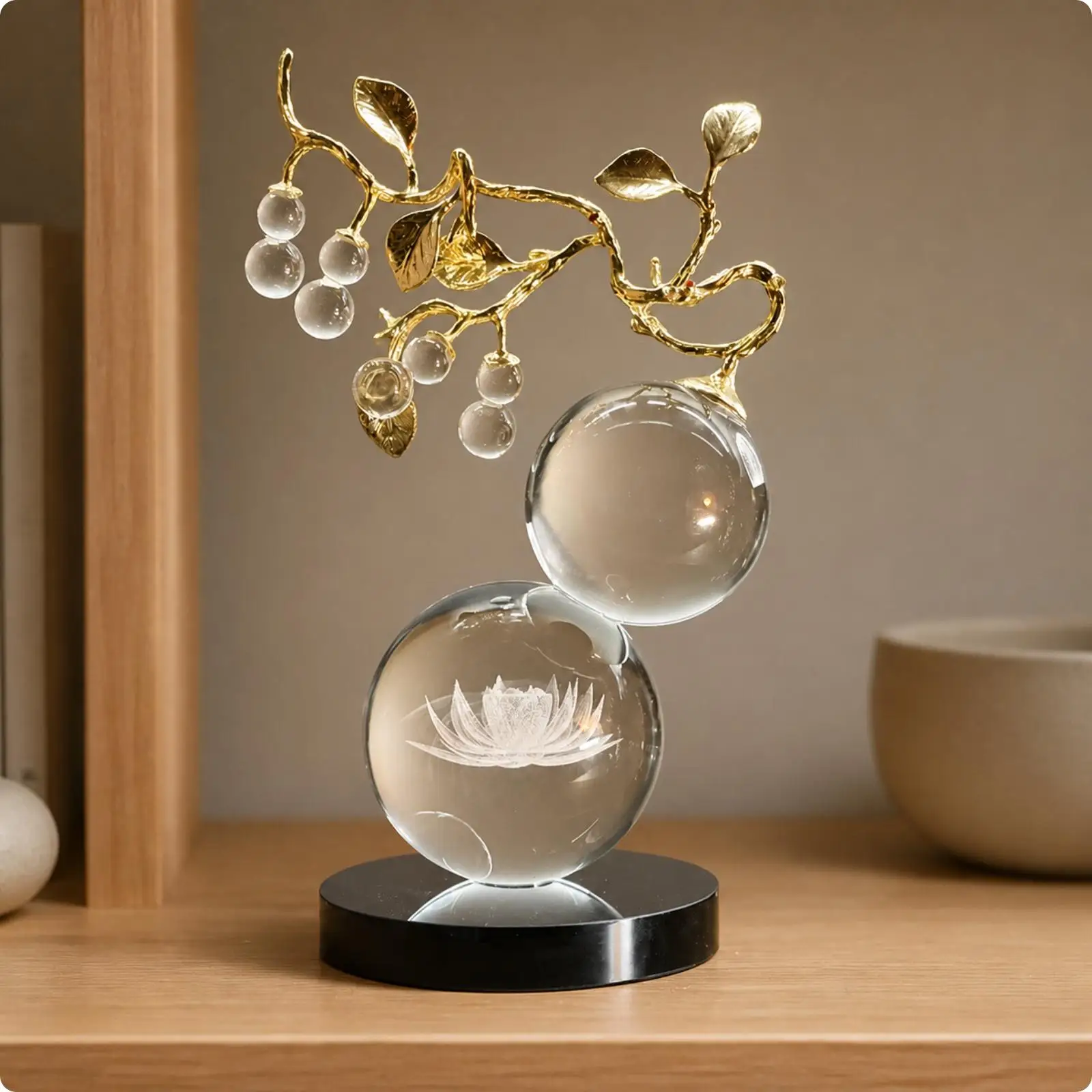 Crystal Gourd Ornament for Console Table Decor with Midnight Base and Polished White Sphere Top