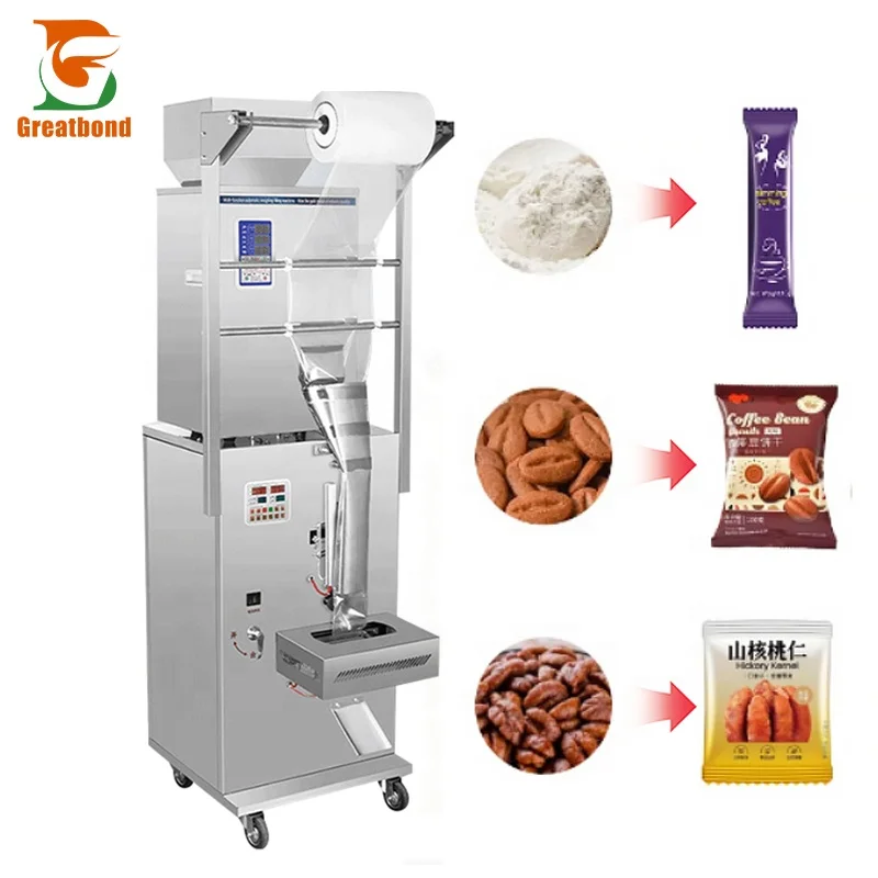 Low Price Commercial Grain Salt Tea Flour Rice Nut Banana Chip Plastic Film PE Bags Dispensing Filling Back Seal Packing Machine