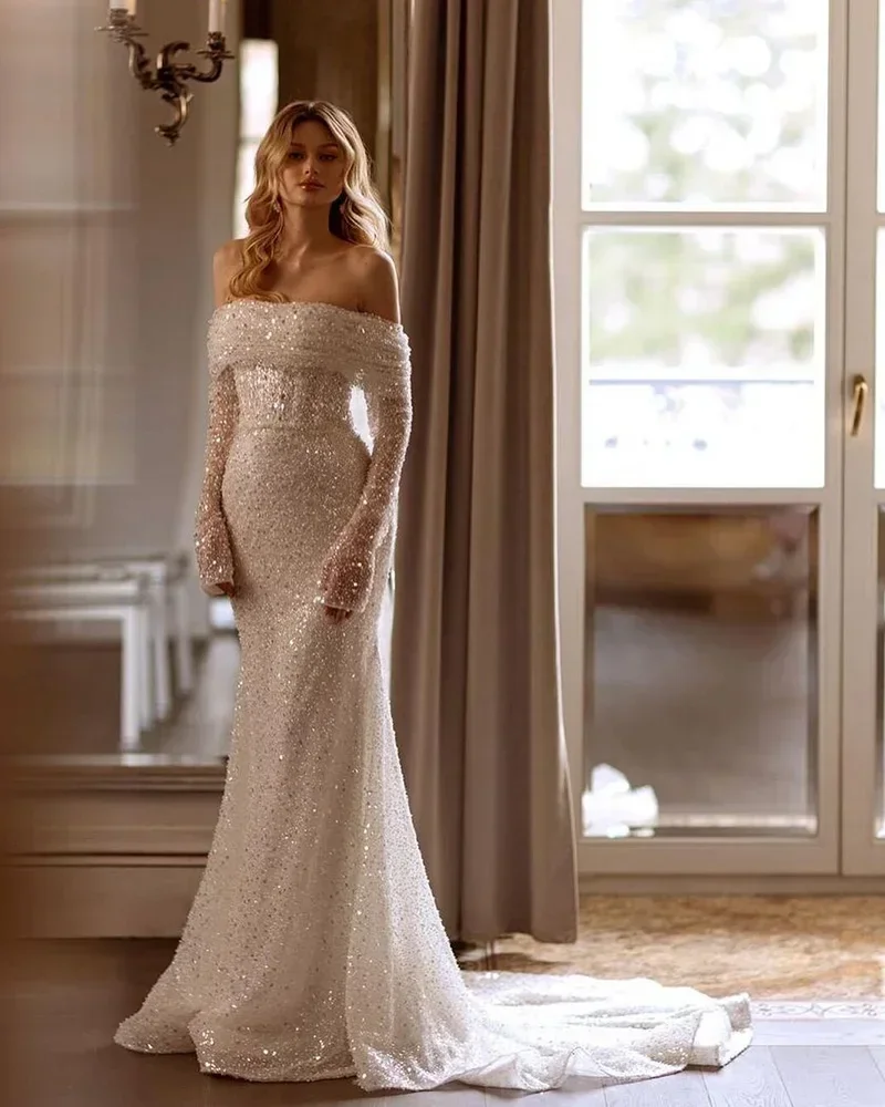 

Элегантные женские свадебные платья по индивидуальному заказу, сексуальные кружевные блестящие свадебные платья без бретелек с русалкой, длина для мытья полов, Vestidos De Novia