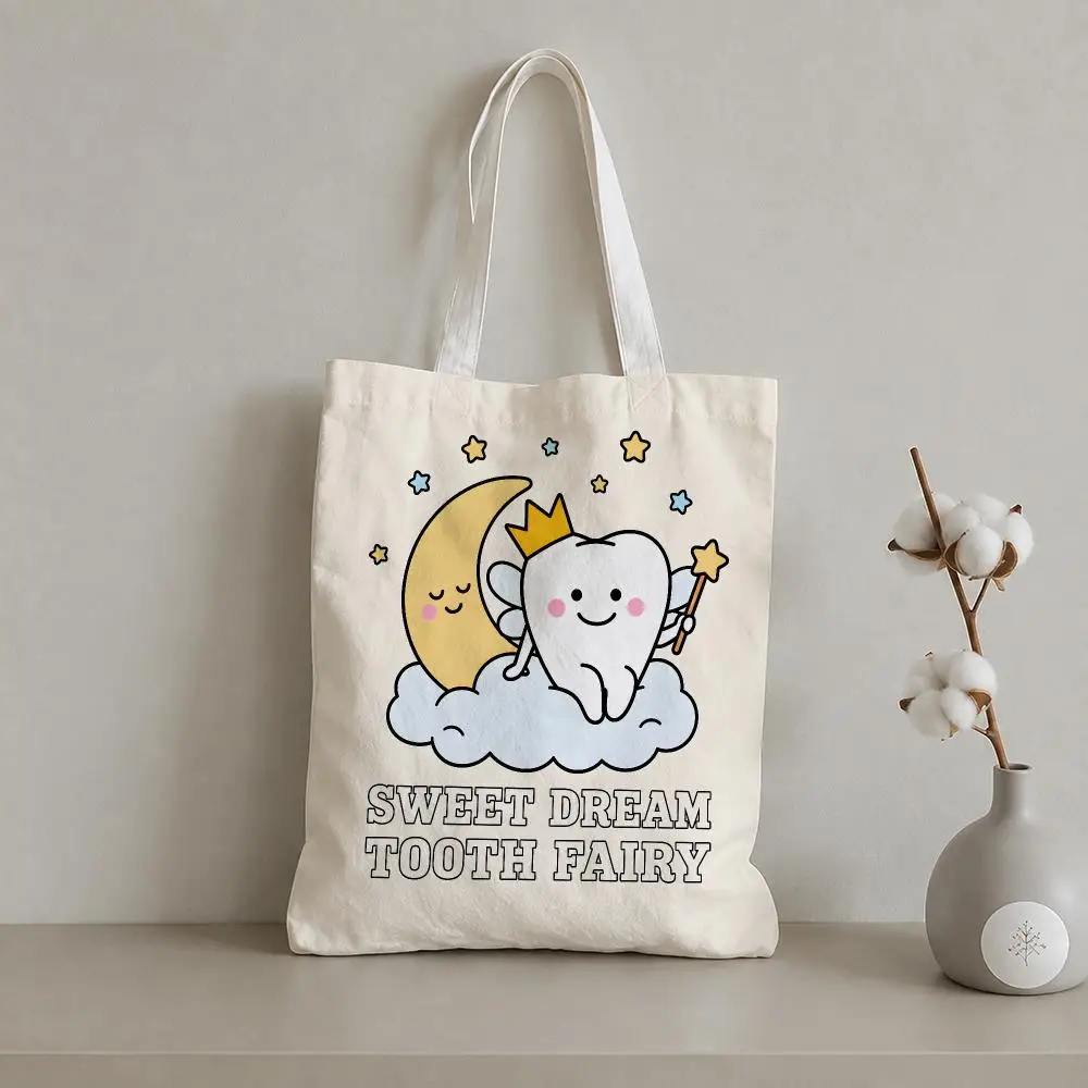 Cute Tooth Fairy Magic Storage Bags 1pc Canvas Tote Bag Reusable Shopping Shoulder Bag For Women Daily Use