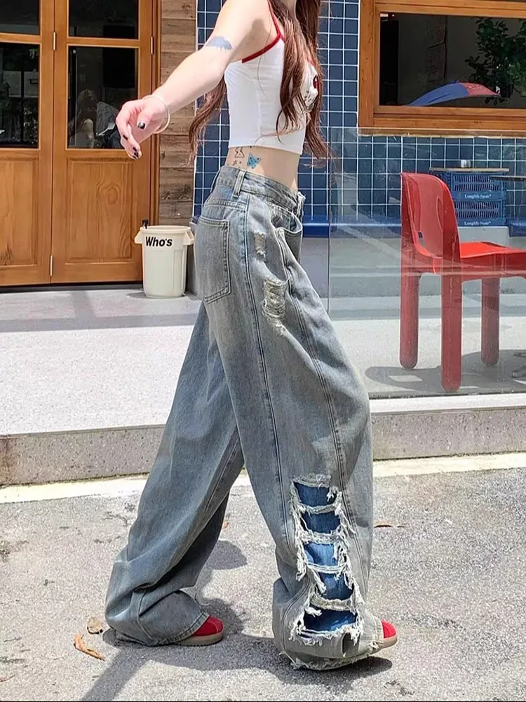 

Spicy Girl High Street Fashion Wide Leg Broken Denim Pants American Style Vintage Washed Distressed With Side Hole Jeans