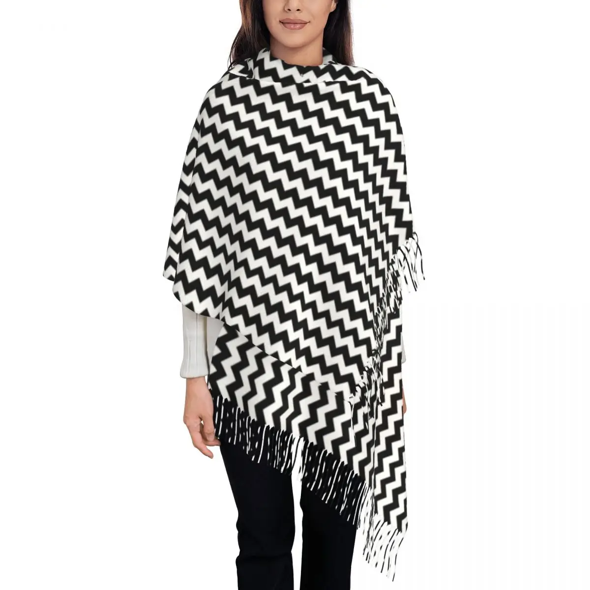 

Customized Print Black And White Zigzag Stripes Scarf Men Women Winter Warm Scarves Bohemian Modern Geometric Shawl Wrap