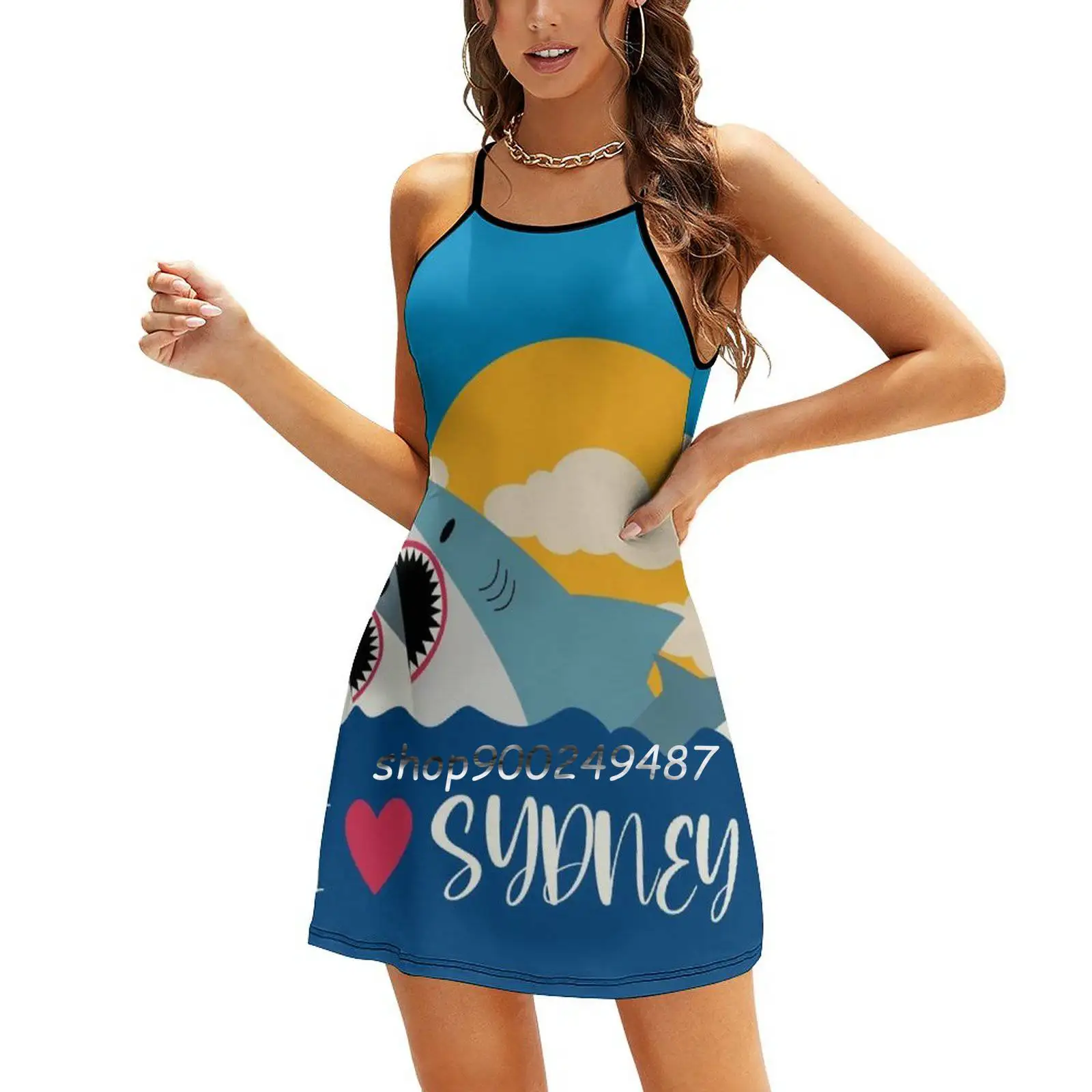 I Love Sydney | Shark Opera House Square Neck Dress Sweet Summer Dress Women Elegant Halter Print Dress I Love Sydney Shark