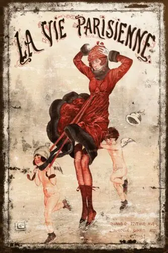 Vintage La Vie Parisienne Ice Skating & Cherubs Illustration on a New Metal Sign