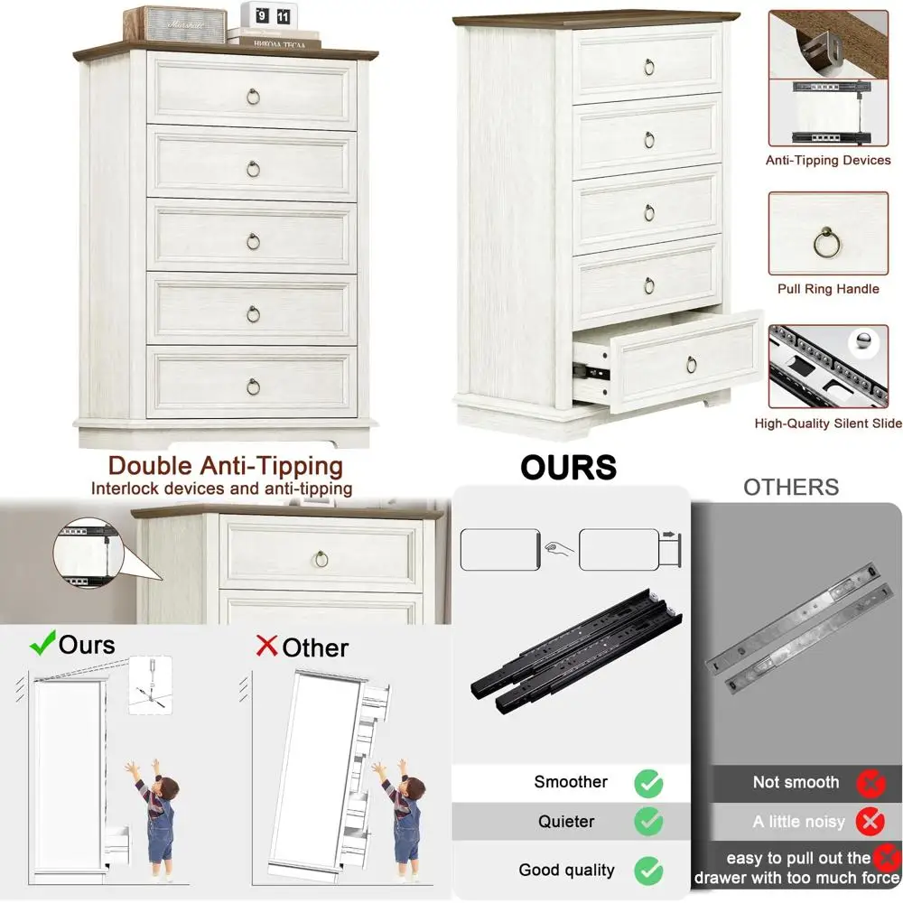 5 drawer dresser, chest of drawers with double anti-tip, modern tall dresser organizer for bedroom, living room & hallway – easy