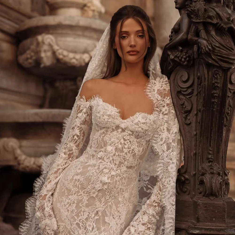 تخصيص الدانتيل حورية البحر فستان الزفاف رومانسية الحبيب الرقبة ثوب الزفاف قبالة فساتين الكتف للعروس فستان زفاف فيستدو