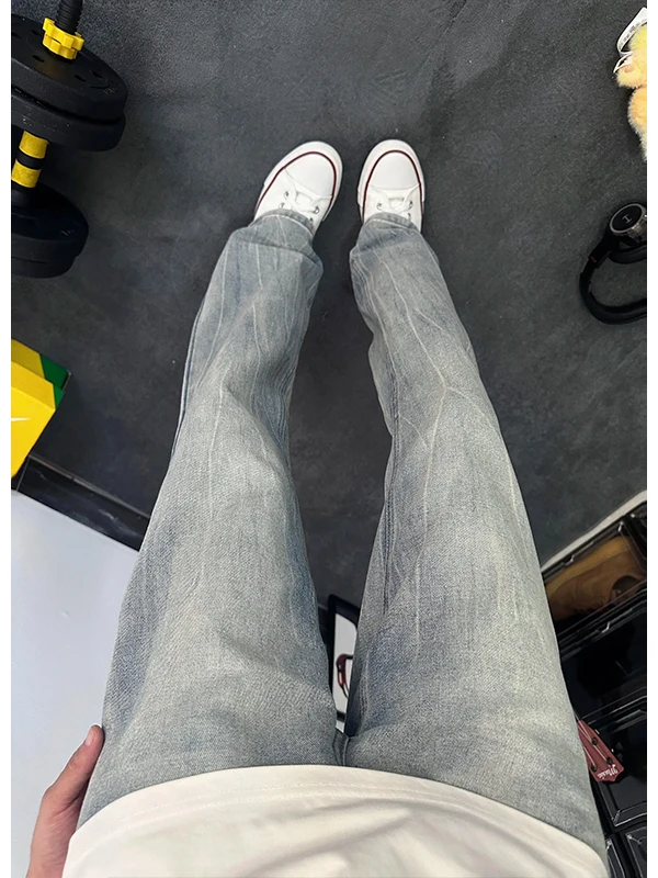 

Light Blue Bamboo Texture Men's Jeans American Sle High Street Micro Flared Straight Leg Pants Slimming Knife Straight Tube