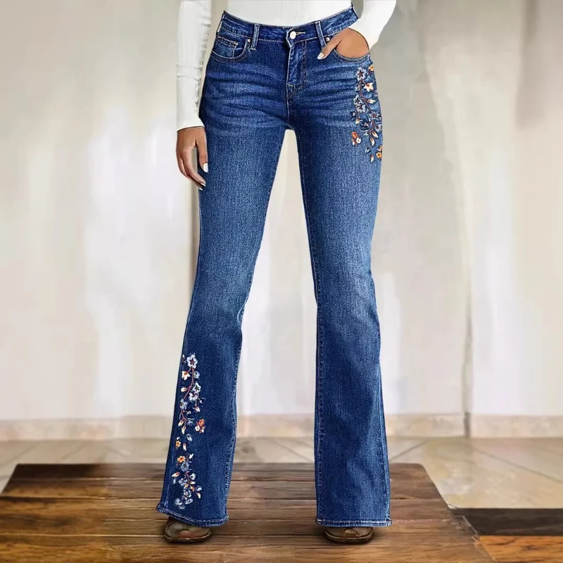 Bootcut Jeans Denim Flare Pant Women Floral Embroidery Work Casual Vintage High Waist Trousers Slim Fit Y2k Splice 2026 Spring