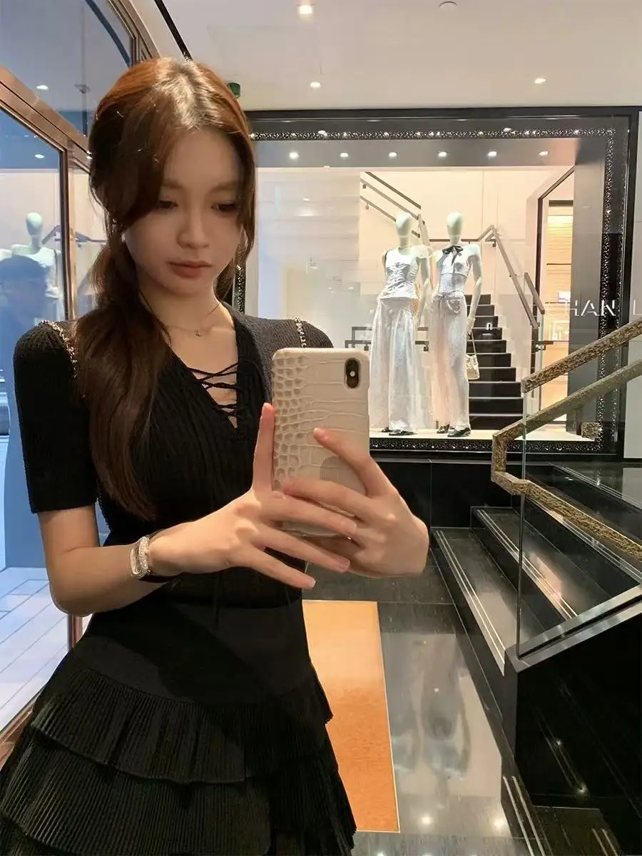 Pull à manches courtes et col rond pour femme, T-shirt slim pour femme, pulls fins, lacets sexy, document solide, printemps et été, N593