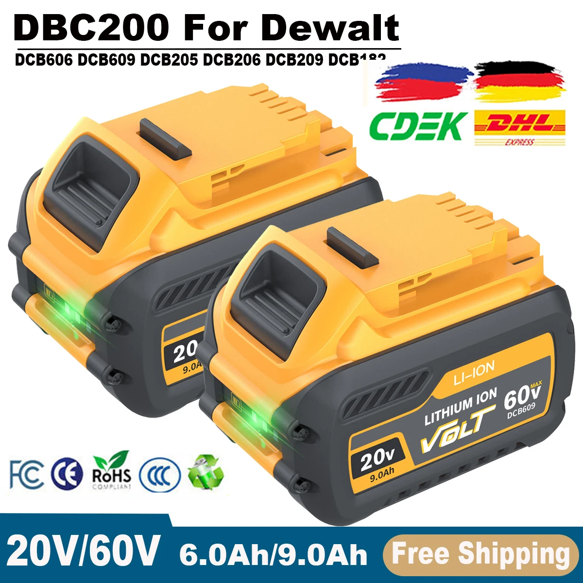 9000mAh Battery DCB200 DCB606 DCB609 DCB205 DCB206 DCB209 DCB182 9.0Ah/6.0Ah 60V Tool Battery For Dewalt