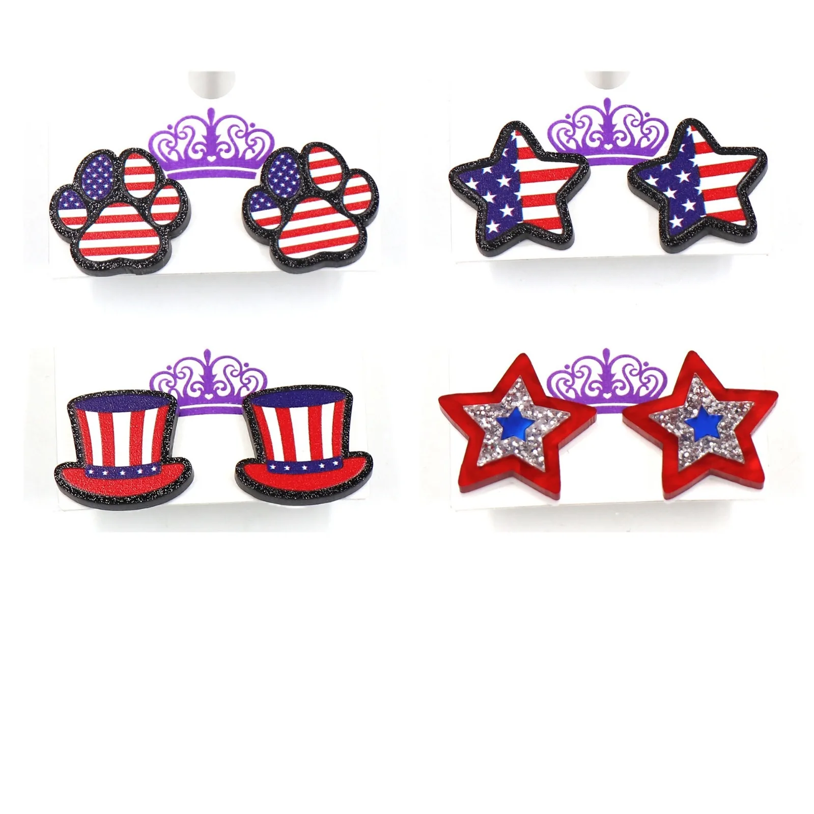 10 Pairs / Lot Blue Red White Print Acrylic Star Independence Day Stud Earrings USA Flag Jewelry Gifts Wholesale