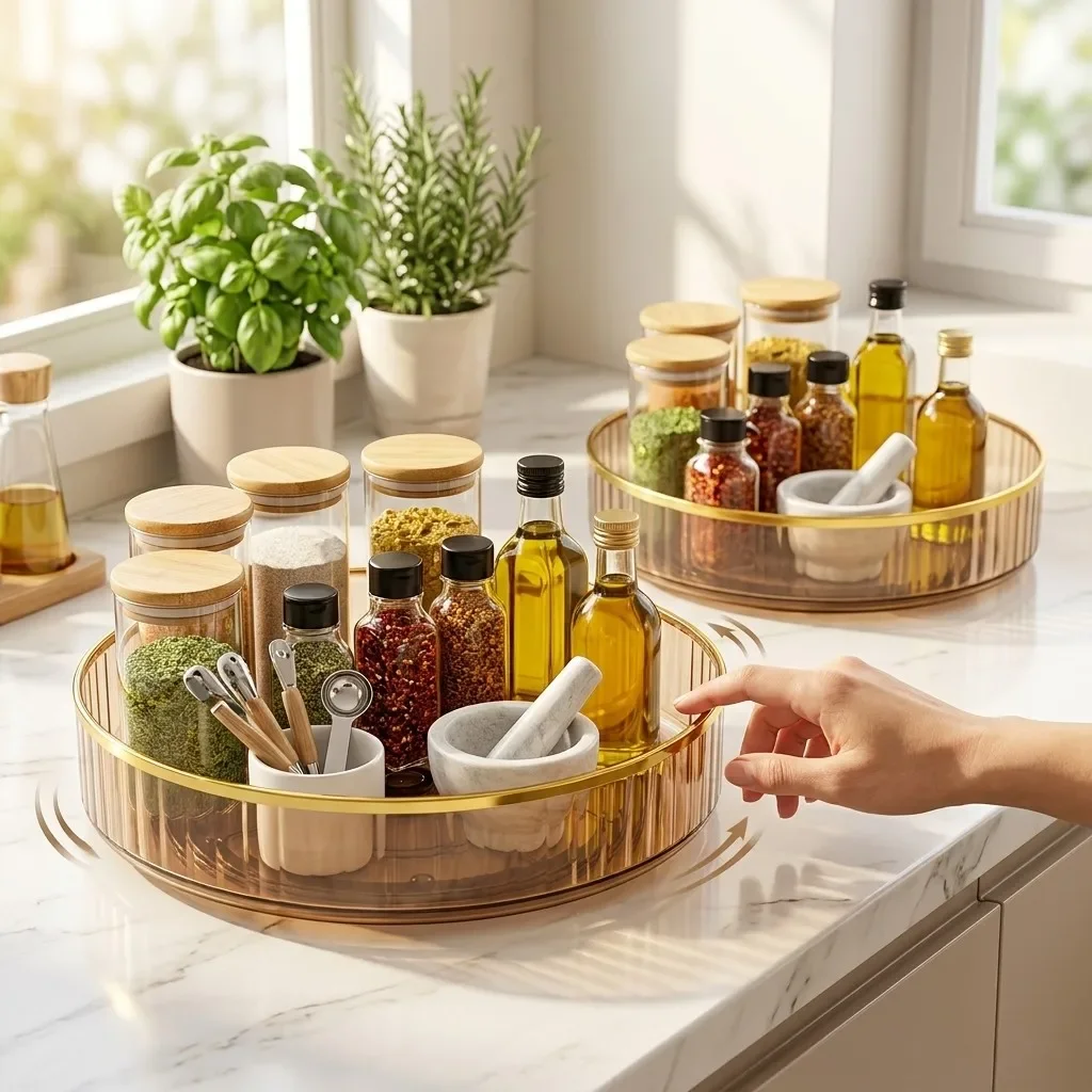 360 Rotating Spice Rack Kitchen Cabinet Storage Organization Tray Lazy Susan Organizer Turntable Detachable PET Makeup Holder