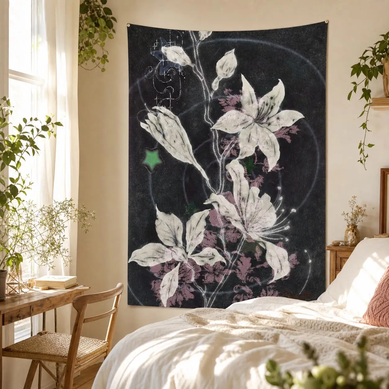 1pc Boho Aesthetic Lily Flower Tapestry Polyester Fiber 2D Printed Wall Hanging for Bedroom Living Room Home Wall Art Decor Gift