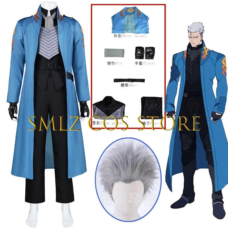 Newly Cry 5 Vergil Cosplay Costume Anime Man Dark Slayer Blue Trench Uniform Prop Wig Set Halloween Party Play Outfit