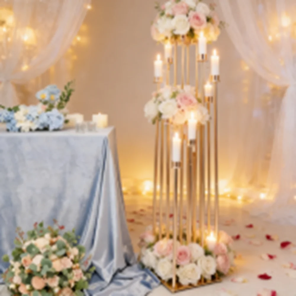 

Elegant Gold Centerpiece Stage Road Guide Props Candelabra Wedding Centerpiece Events Decor Equipment Backdrop Stand For Wedding