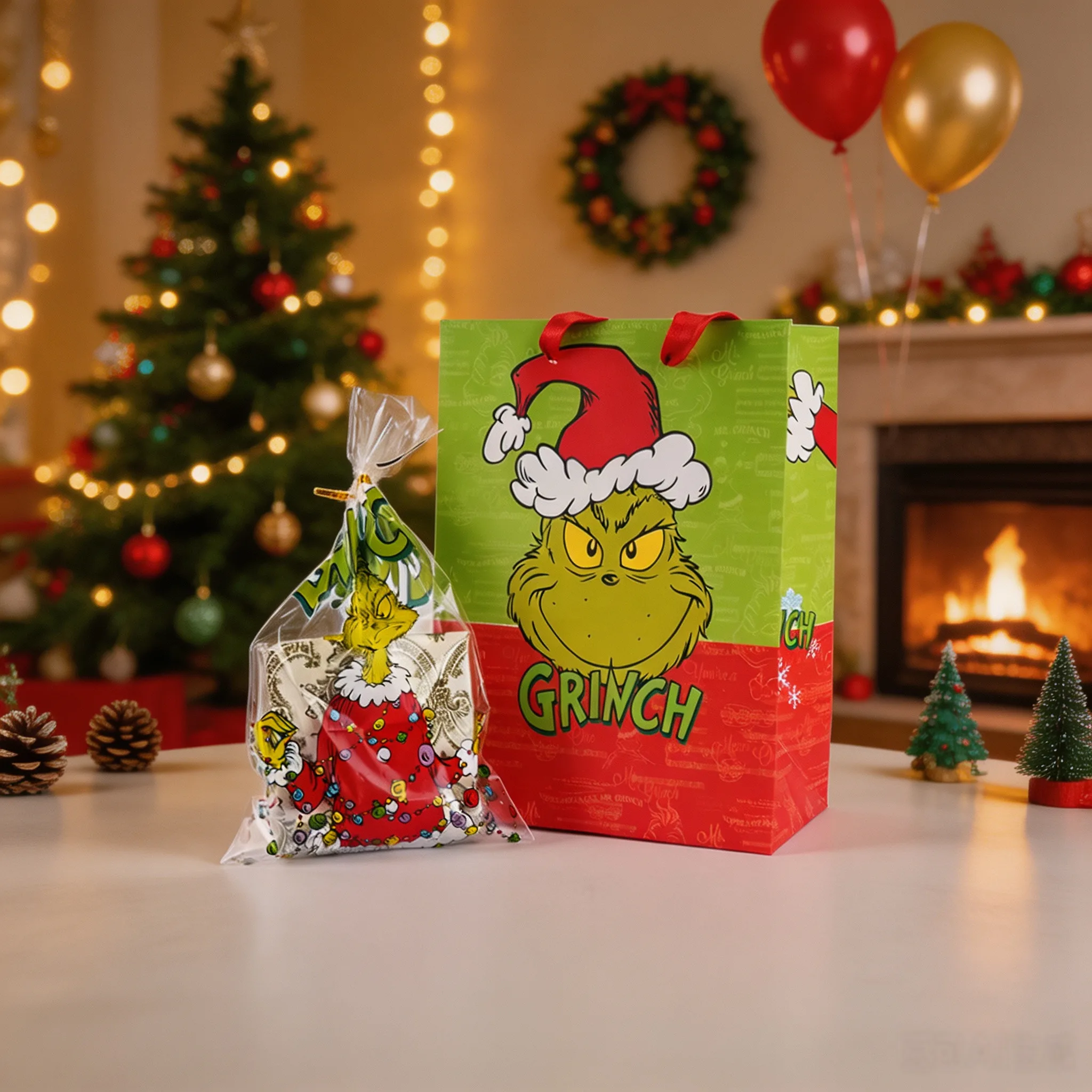 Grinch Christmas Gift Bags Set Transparent Candy Bags & Paper Gift Bags with Handles Holiday Gift Wrapping Bags Party Favor