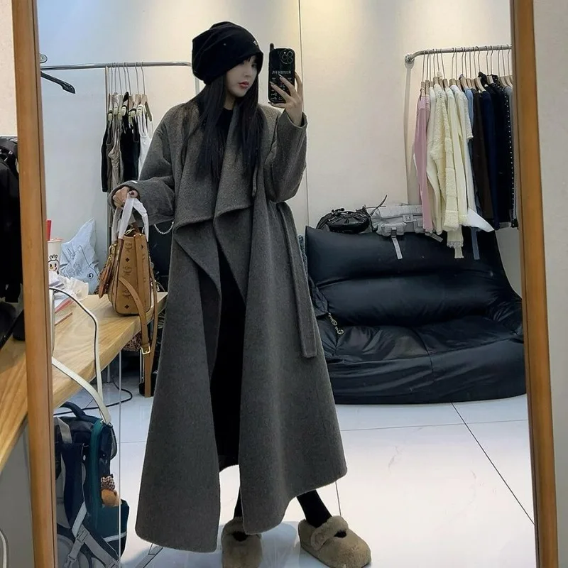 A Mid-length Double-sided Woolen Coat for Brides in Autumn and Winter Simple and Elegant Grey Tweed Overcoat for A Short Figure