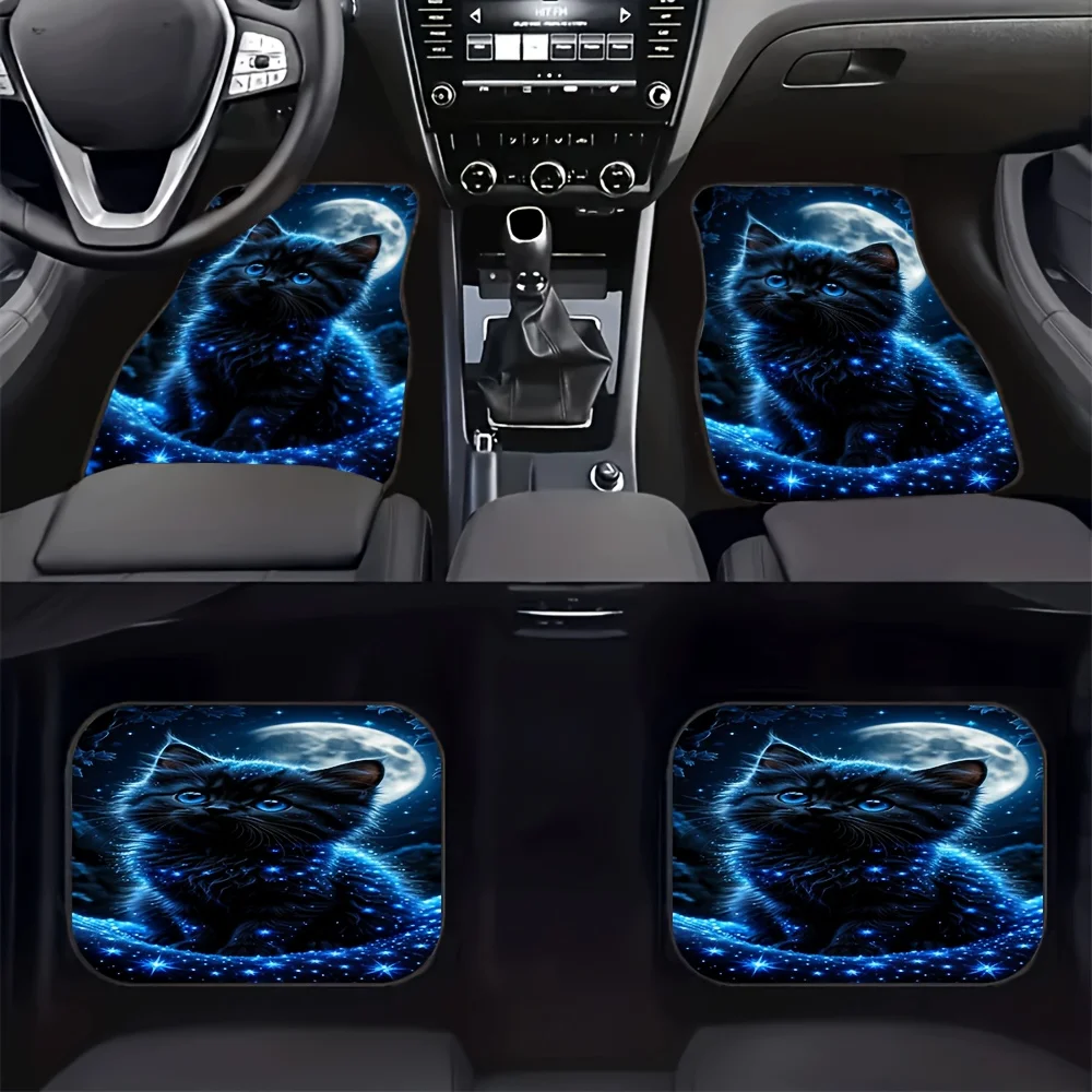 

4pcs Car Floor Mats Set - Black Cat & Glowing Blue Night Sky Design With Stars & Moon, Non-Slip All-Weather Protection, Full Set