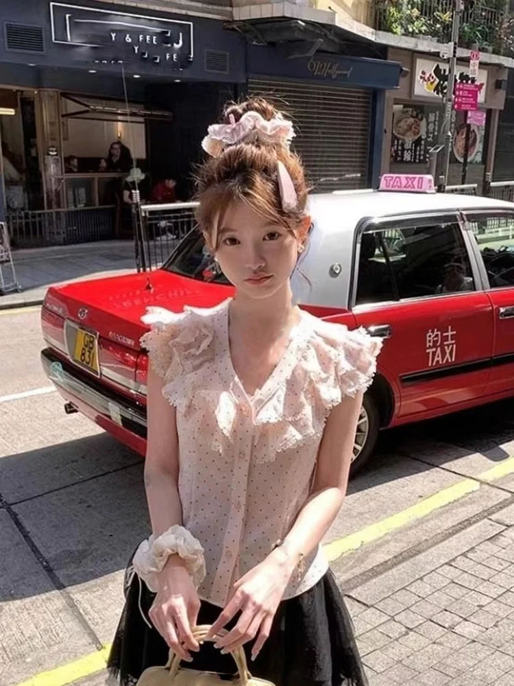 Y2k estética doce bolinhas blusa feminina vintage único breasted blusas rendas retalhos fada verão feifei mangas grunge topos