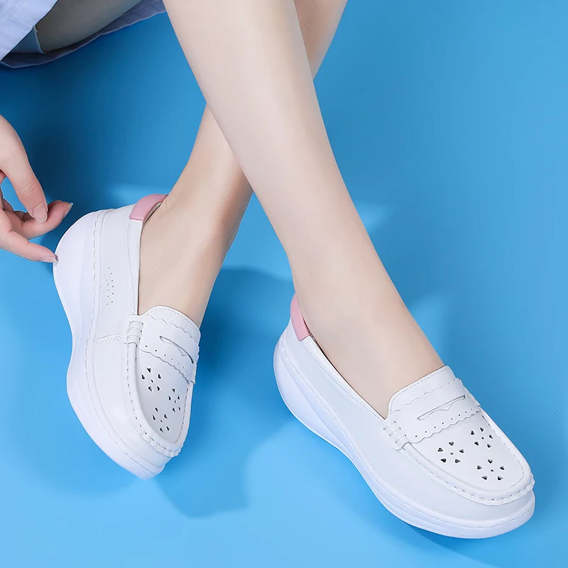 STRONGSHEN Women Platform Wedges Casual Shoes Hollow Out Breathable Loafers Soft Nurse Work Shoes Non-slip White Nursing Shoes