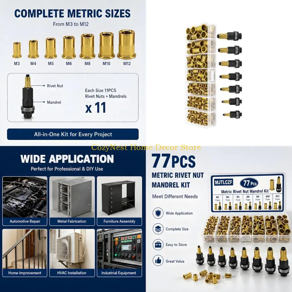 92MF Threaded Insert Storage Case Set, 77 Piece - Assortment with 7 Mandrels and Separated Flanged Inserts for DIY Maintenance