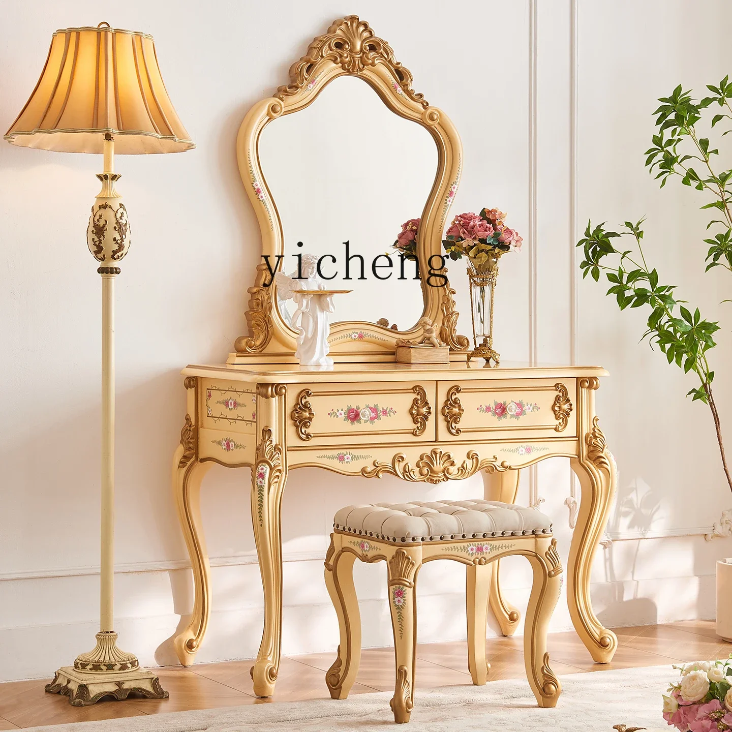 

r5.13 Yellow Solid Wood Bedroom Makeup Table Dressing Table Pastoral Vintage Palace Style Painted Solid Wood Bedroom